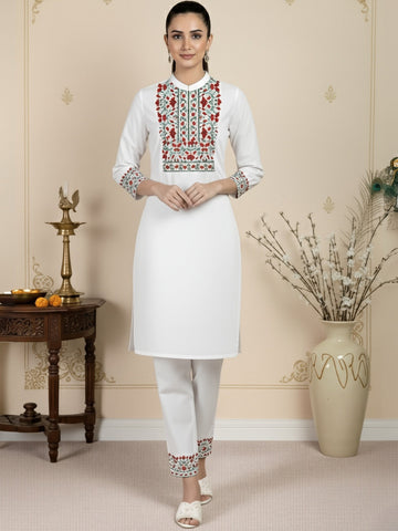 Women's White Cotton Kurti Set – Ethnic Print