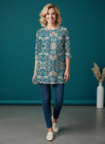 Women's Teal Blue Cotton Tunic Top – Printed