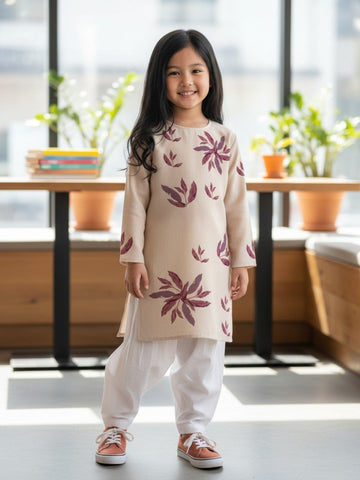 Girls' Beige Cotton Kurti Set – Ethnic Print