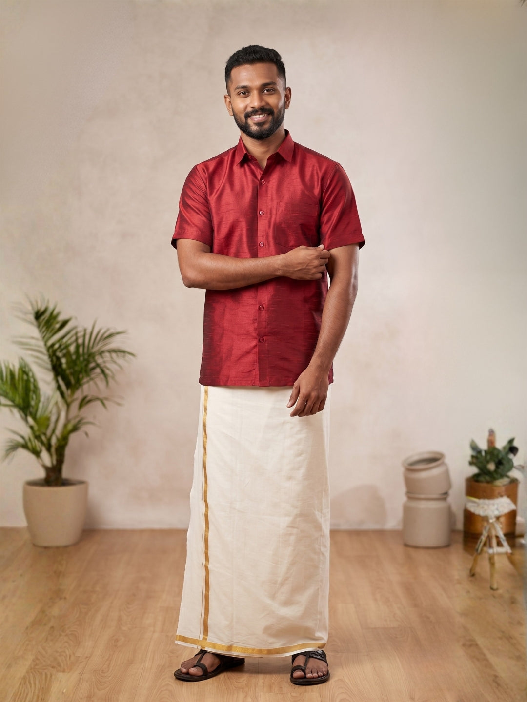 Men's Red Art Silk Shirt – Textured