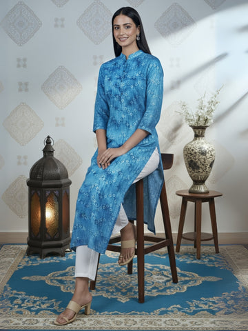 Women's Blue Cotton Kurti Set – Bandhani Print
