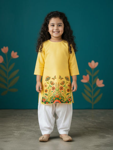 Girls' Yellow Cotton Kurti Set – Ethnic Print