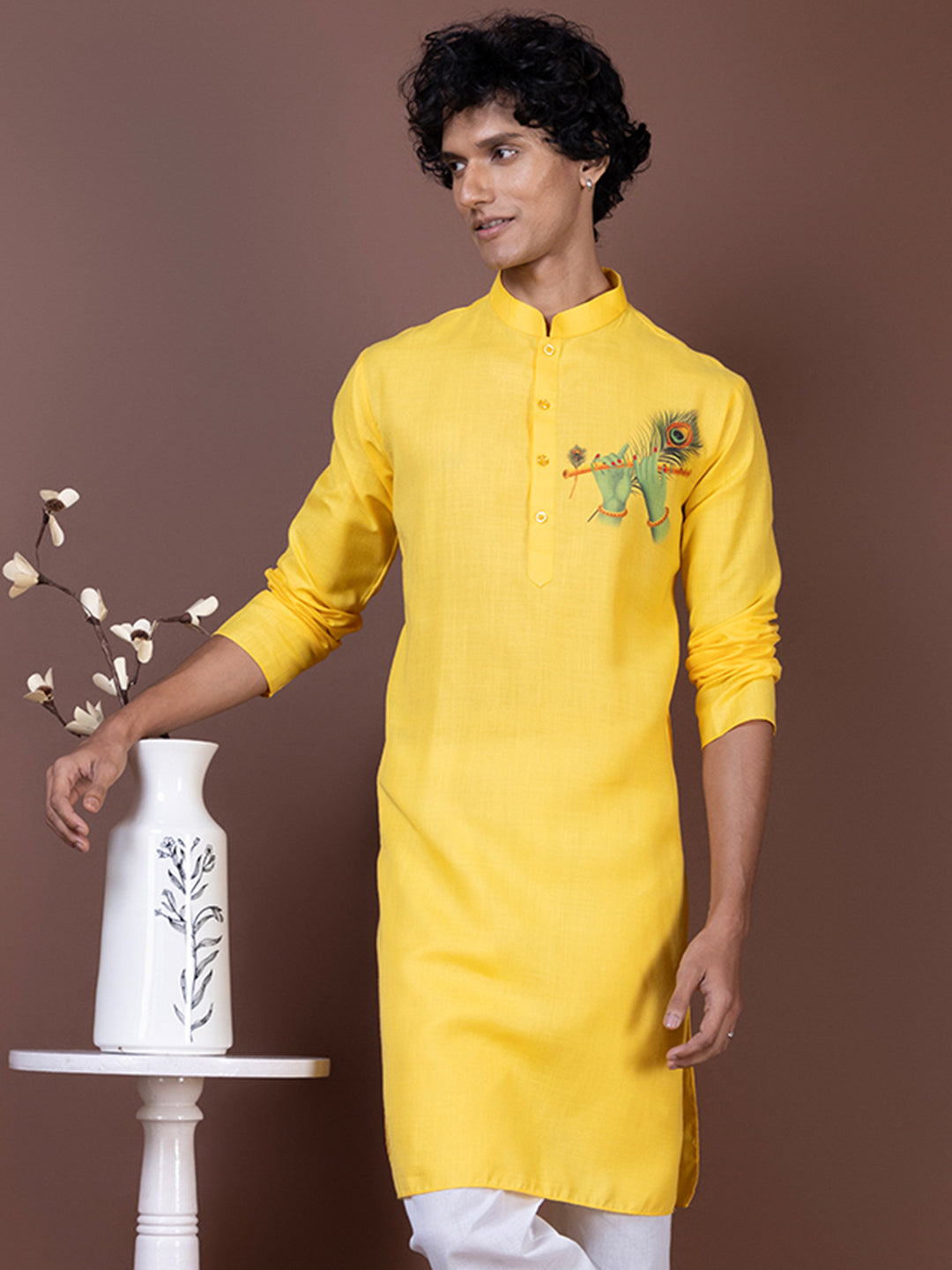 Men's Yellow Cotton Kurta Set – Lord Krishna Print