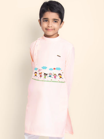 Boys' Pink Cotton Kurta & Pyjama Set – Printed