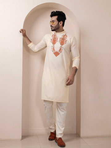 Men's Beige Cotton Kurta Set – Ethnic Print & Side Placket