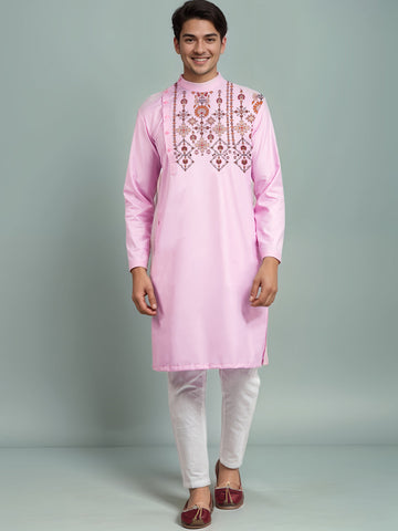 Men's Pink Cotton Kurta Set – Ethnic Print & Side Placket