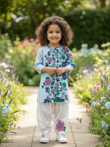 Girls' Sky Blue Cotton Kurti Set – Ethnic Print