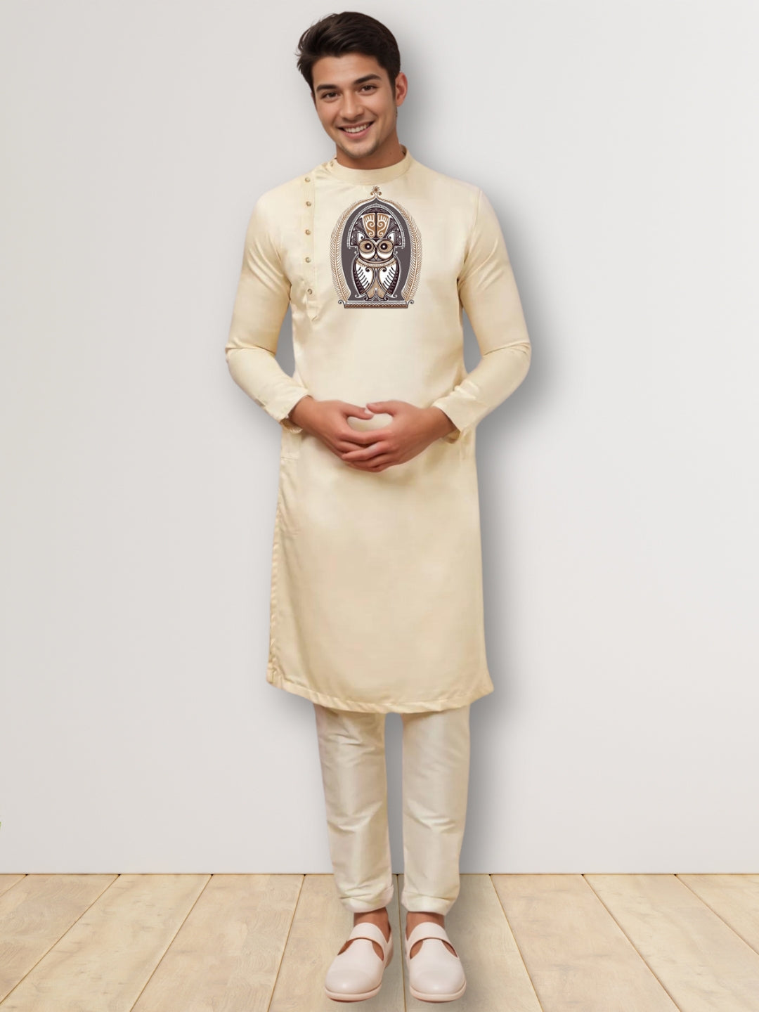 Men's Beige Cotton Kurta Set – Ethnic Print & Side Placket