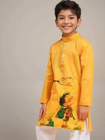 Boys' Yellow Cotton Kurta & Pyjama Set – Printed
