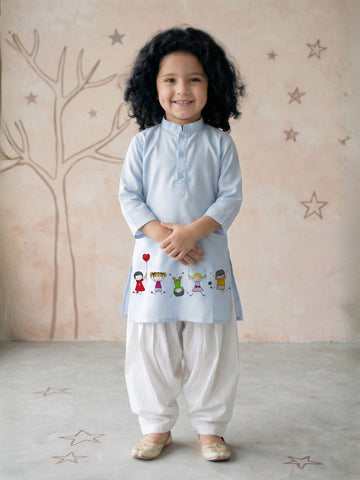 Girls' Sky Blue Cotton Kurti Set – Ethnic Print
