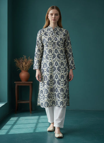 Women's White Art Silk Kurti Set – Printed