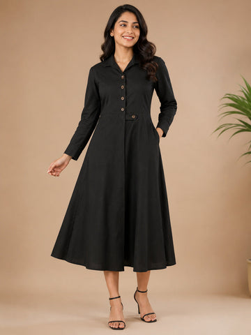 Women's Black Cotton Linen Midi Dress – Collared Button Front