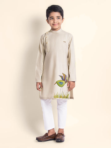 Boys' Beige Cotton Kurta Set – Printed
