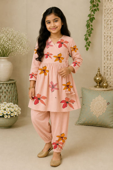 Girls' Peach Cotton Kurti Set – Printed