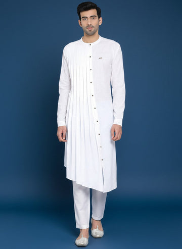 Men's White Cotton Linen Kurta Set – Solid & Side Placket
