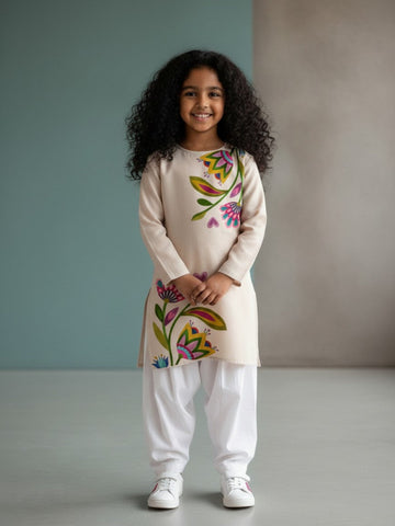 Girls' Beige Cotton Kurti Set – Ethnic Print