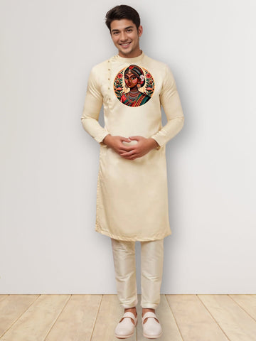 Men's Beige Cotton Kurta Set – Ethnic Print & Side Placket