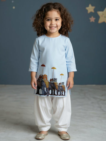 Girls' Sky Blue Cotton Kurti Set – Ethnic Print