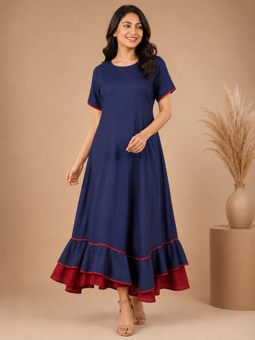 Women's Blue Cotton Linen Maxi Dress – Ruffle Hem