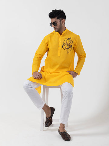 Men's Yellow Cotton Kurta Set – Lord Ganesha Print