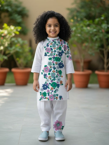 Girls' White Cotton Kurti Set – Ethnic Print