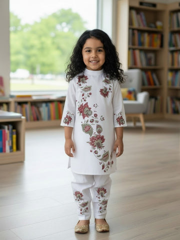 Girls' White Cotton Kurti Set – Ethnic Print