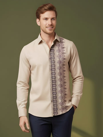 Men's Beige Cotton Shirt – Ethnic Print