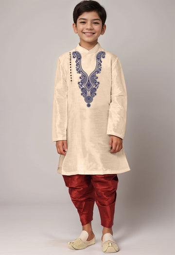 Boys' Beige Dupion Silk Kurta & Dhoti Set – Floral Print