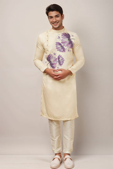 Men's Beige Cotton Kurta Set – Ethnic Print & Side Placket