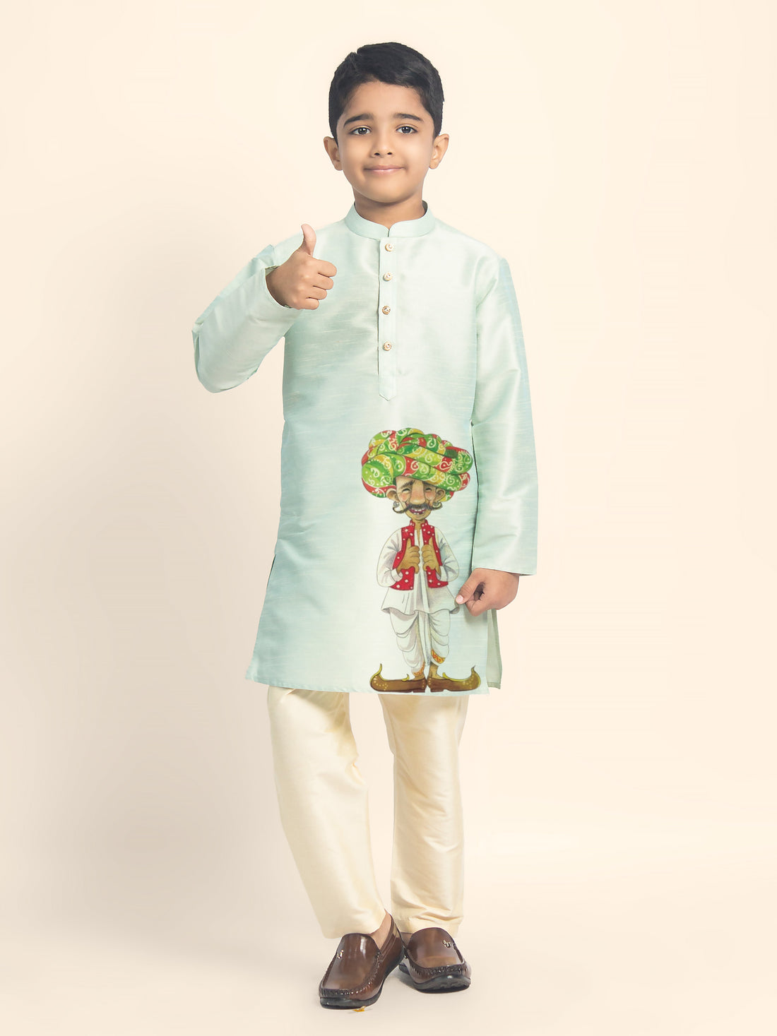 Boys' Green Dupion Silk Kurta Set – Printed