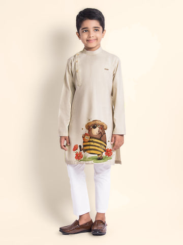Boys' Beige Cotton Kurta & Pyjama Set – Printed