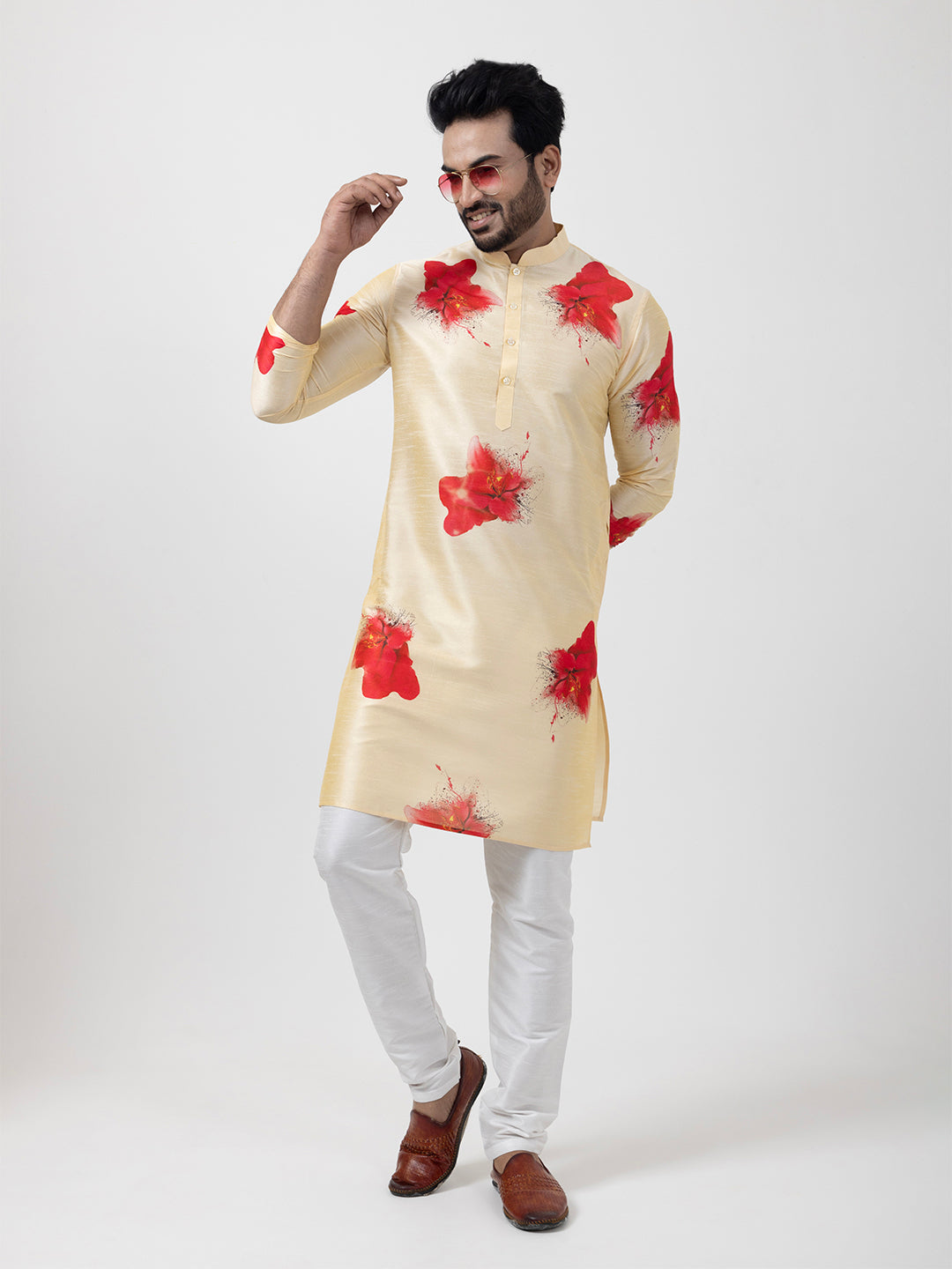Men's Beige Art Silk Kurta Set – Ethnic Print