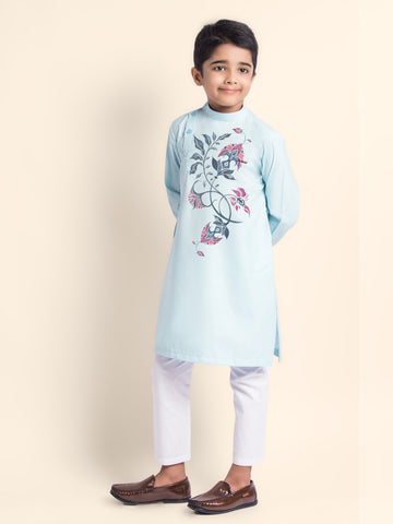 Boys' Sky Blue Cotton Kurta & Pyjama Set – Printed