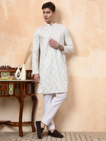 Men's White Cotton Kurta Set – Silver Zari Work