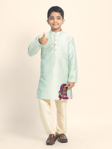 Boys' Green Dupion Silk Kurta & Beige Pyjama Set – Printed