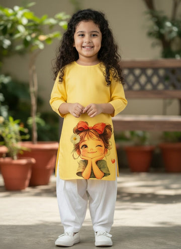 Girls' Yellow Cotton Kurti Set – Ethnic Print