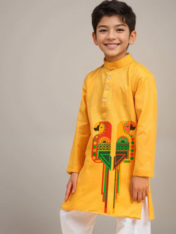 Boys' Yellow Cotton Kurta & Pyjama Set – Printed