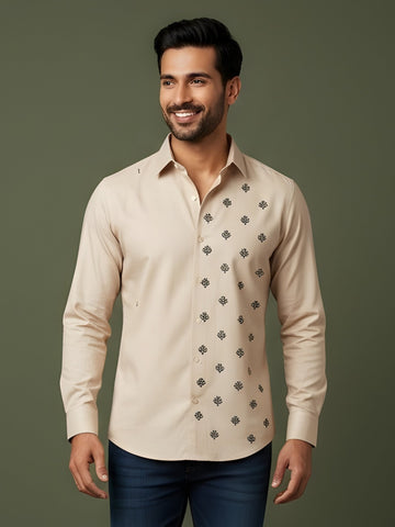 Men's Beige Cotton Shirt – Ethnic Print