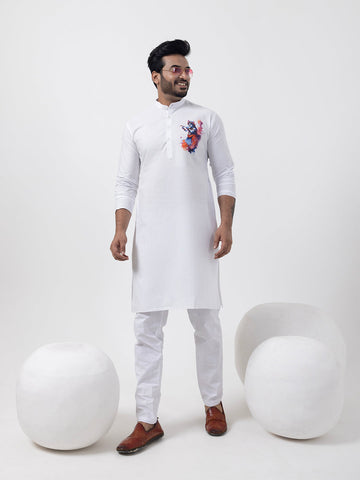 Men's White Cotton Kurta Set – Lord Krishna Print