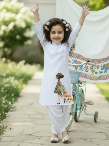Girls' White Cotton Kurti Set – Ethnic Print