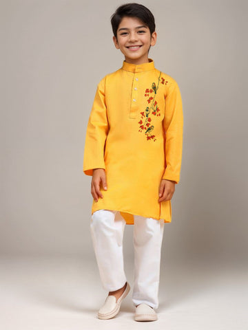 Boys' Yellow Cotton Kurta Set – Printed