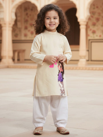 Girls' Beige Cotton Kurti Set – Ethnic Print