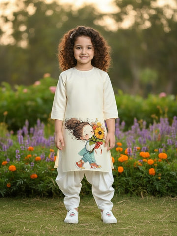 Girls' Beige Cotton Kurti Set – Ethnic Print