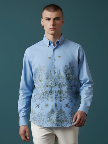 Men's Blue Cotton Shirt – Ethnic Print