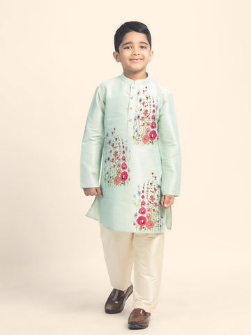 Boys' Green Dupion Silk Kurta Set – Printed