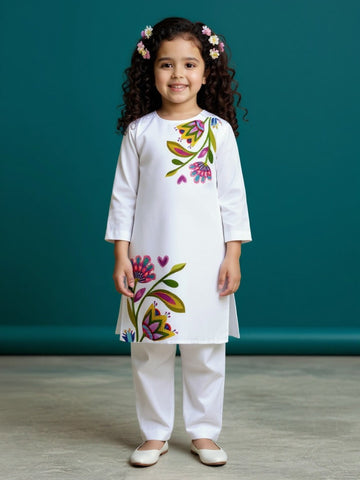 Girls' White Cotton Kurti Set – Ethnic Print