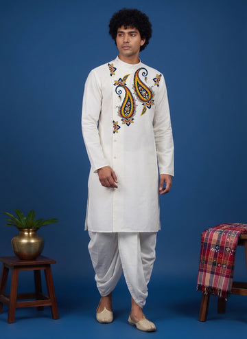 Men's White Cotton Kurta with Dhoti Set – Ethnic Print & Side Placket