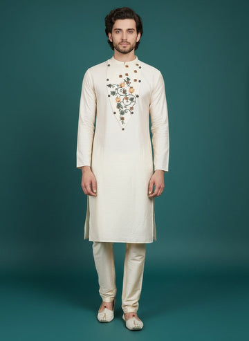 Men's Beige Pure Silk Kurta Set – Ethnic Print & Side Placket
