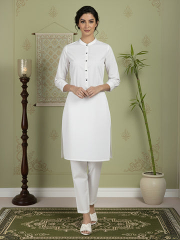 Women's White Cotton Kurti Set – Solid