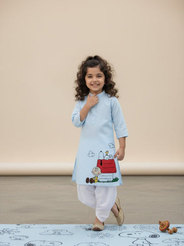 Girls' Sky Blue Cotton Kurti Set – Ethnic Print